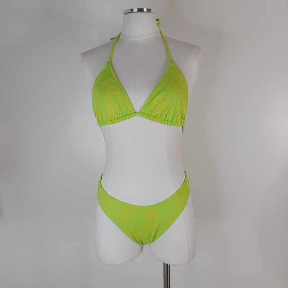 90s Y2K Vintage Neon Green Triangle Floral High Thigh Bikini Swim Suit - Picture 2 of 12